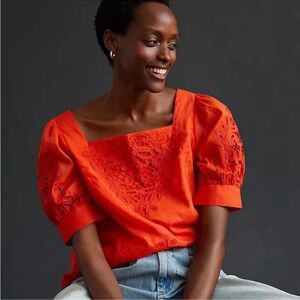 By Anthropologie Orange Short Sleeve Cutwork Blouse Women’s Size S
